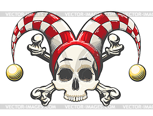 Human Skull in Clown Cap Engraving Tattoo - vector image