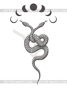 Two Headed Snake and Phases of Moon Esoteric - vector image