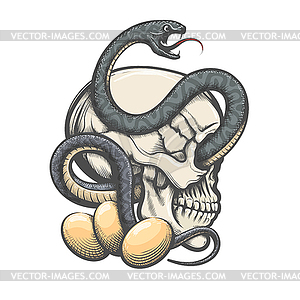 Skull and Snake with snake Eggs Engraving Tattoo - vector image