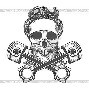 Biker Skull in Bandana and Two Motorcycle Pistons - vector clipart