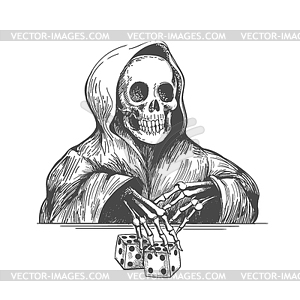 Skull in Hood Plays High Dice Monochrome Engraving - vector image