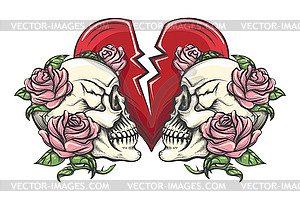 Two Skulls in Roses and Broken Heart Engraving - vector image