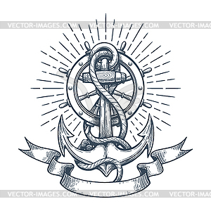 Ship Anchor and Steering Wheel Retro Engraving - vector image