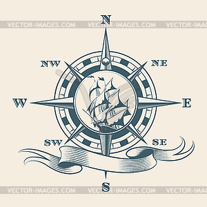 Навигационный компас с кораблем внутри. Ветер - векторное изображение EPS