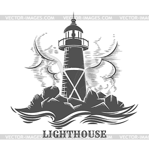 Lighthouse Monochrome Engraving Emblem - vector clip art