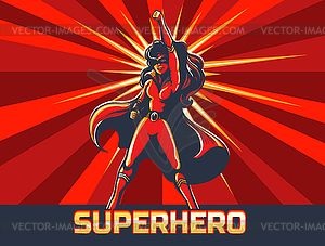 Female Superhero Posing with Raised Fist Retro - vector clip art