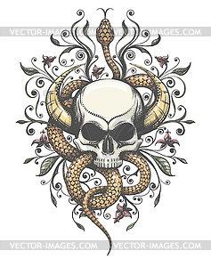 Horned Skull with Snake and Flowers Tattoo in - vector image