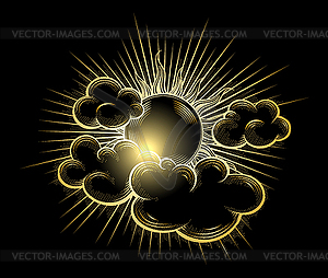 Golden Sun with Sun Beams and Clouds - vector image