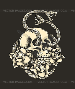 Human Skull with Snakes and Rose Flowers Engraving - vector clipart