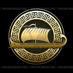 Ancient Greek Galley in Meandre Circle on Black - vector clip art