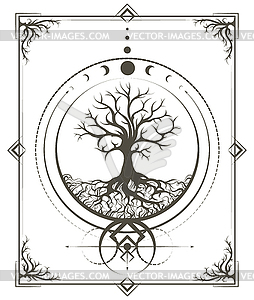 Moon Phases and Tree of Life in Sacred Geometry - vector image