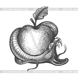 Snake Entwined Around Apple Engraving Tattoo - vector clip art