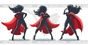 Female Superhero In Red Cape set. Female Silhouettes - vector clipart