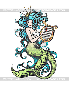 Pretty Long Haired Mermaid Plays Harp. Engraving - royalty-free vector clipart