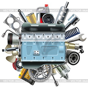 Motor Engine with Car Spares - vector clip art