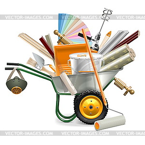 Wheelbarrow with Painting Tools - vector image