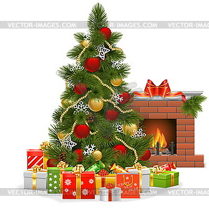 Christmas Tree with Fireplace - vector clipart