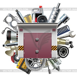 Garage with Car Spares - vector image