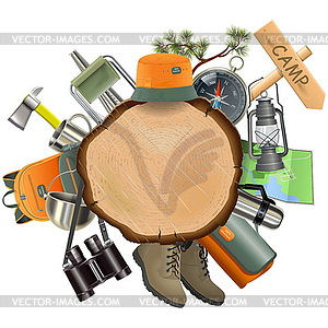 Wooden Board with Camping Accessories - vector clipart