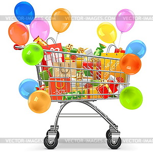 Supermarket Trolley with Gifts - color vector clipart