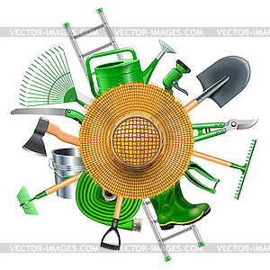 Garden Accessories with Straw Hat - color vector clipart