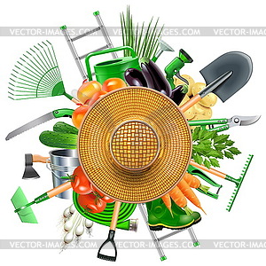 Garden Accessories with Sun Hat - color vector clipart