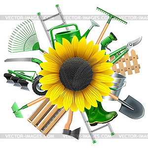 Garden Equipment with Sunflower - vector clip art