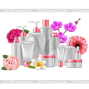 Cosmetic Packaging with Flowers - vector image