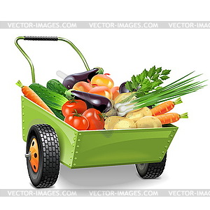 Тачка с овощами - изображение в векторном виде