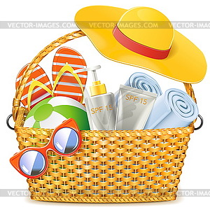 Wicker Basket with Beach Accessories - vector image