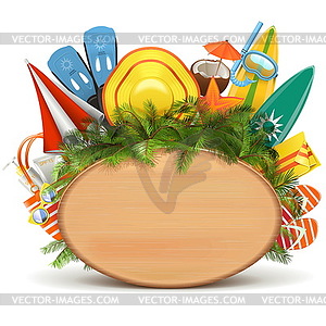 Wooden Board with Beach Accessories - vector clip art
