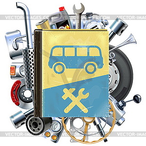 Bus Repair Book with Car Spares - vector clip art