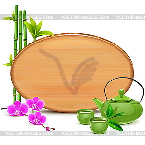 Wooden Board with Green Teapot - vector image