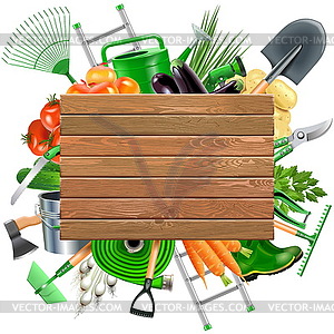 Wooden Board with Garden Accessories - color vector clipart