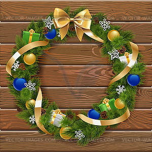 Christmas Wreath on Wooden Board  - vector image