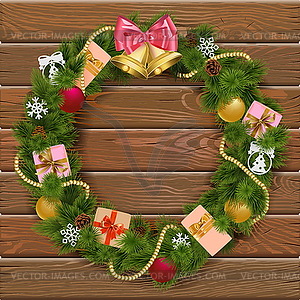 Christmas Wreath on Wooden Board  - vector clip art