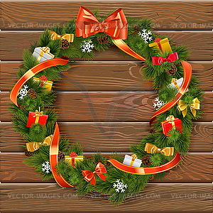 Christmas Wreath on Wooden Board 10 - vector image