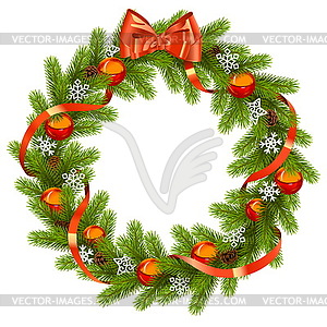Fir Wreath with Red Decorations - vector clipart