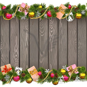 Seamless Christmas Border with Gifts on Old Board - stock vector clipart