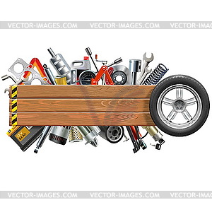 Board with Wheel and Car Spares - vector clipart