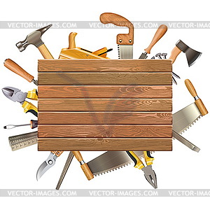 Wooden Board with Hand Tools - vector image