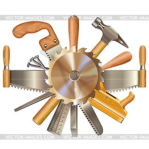 Saw Blade with Retro Tools - vector image