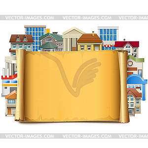 Old Scroll with Buildings - vector clipart