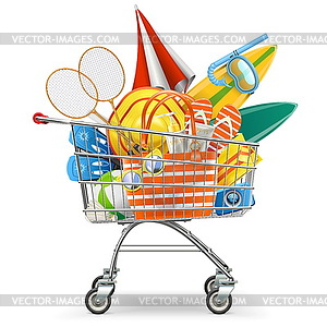 Supermarket Cart with Beach Accessories - vector clip art