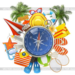 Beach Accessories with Compass - color vector clipart