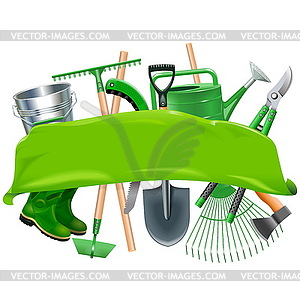 Green Banner with Garden Tools - vector clipart
