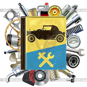 Old Automobile Repair Book with Car Spares - vector clipart