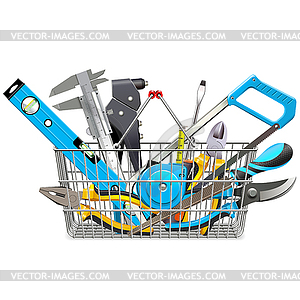 Supermarket Basket with Hand Tools - vector clipart