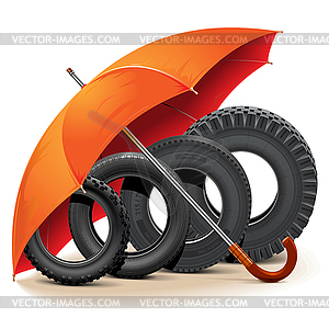 Car Tires with Umbrella - vector clip art