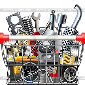 Supermarket Cart with Car Parts Rear View - vector EPS clipart